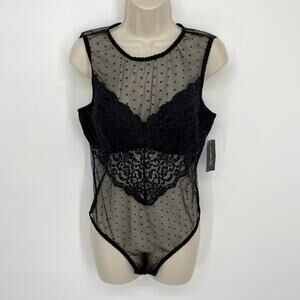 INC Women's NEW Lacy Sheer Cupped Swiss Dot Thong Bodysuit Size L Black
